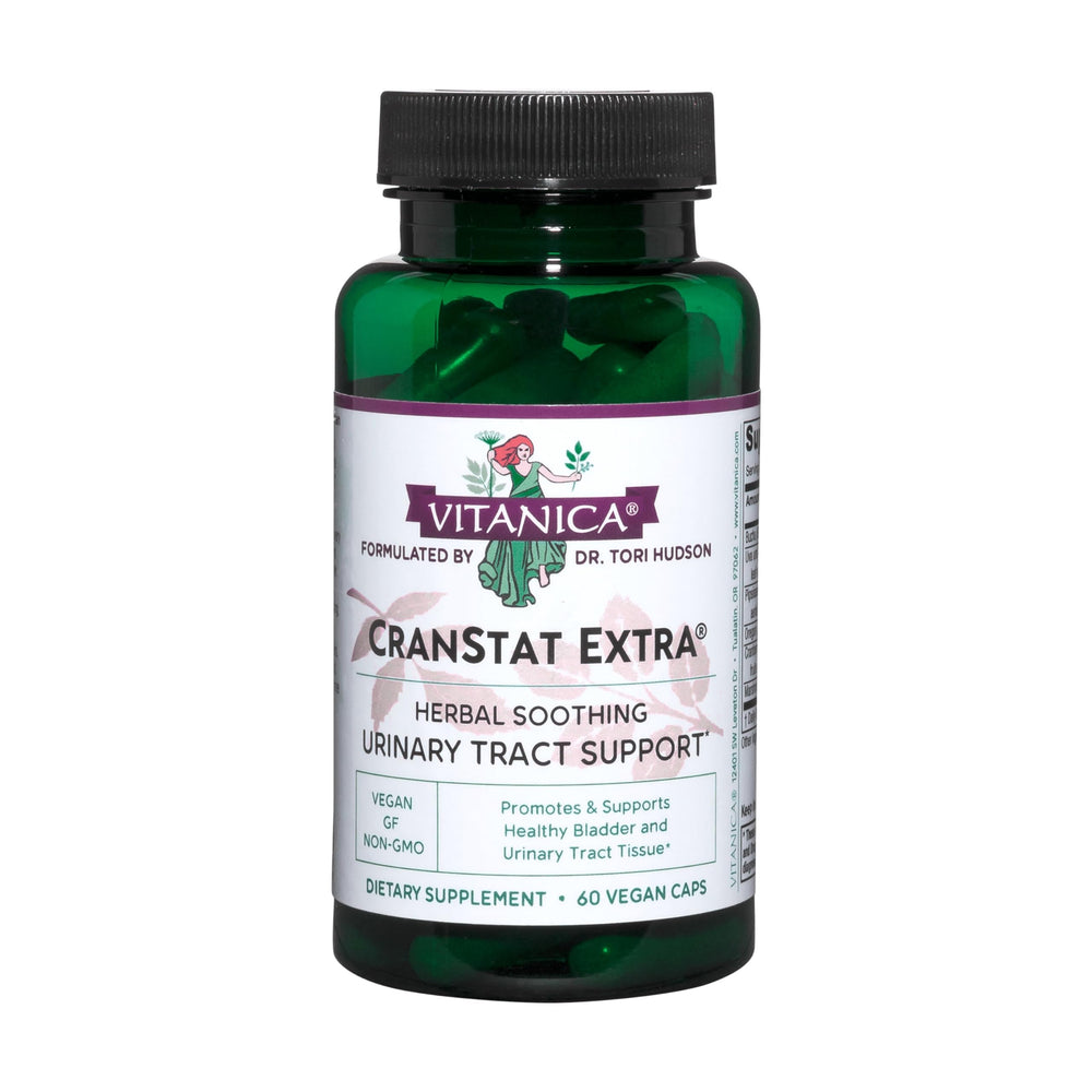 Vitanica CranStat Extra bottle pour showing easy daily dosing for urinary support.
