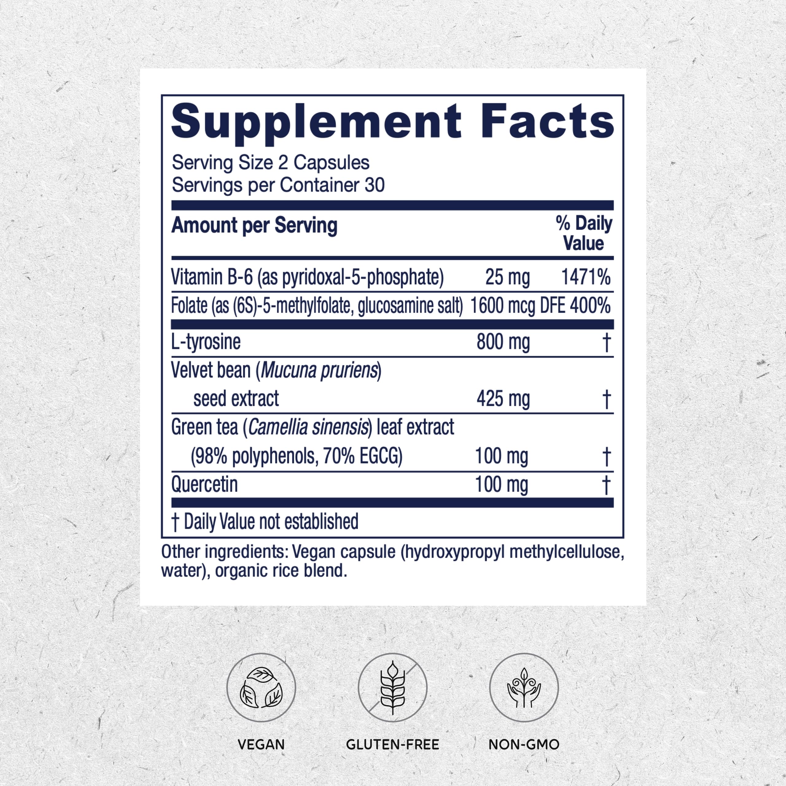 Vitanica Dopamine Assist bottle back shows ingredients and usage guidance.