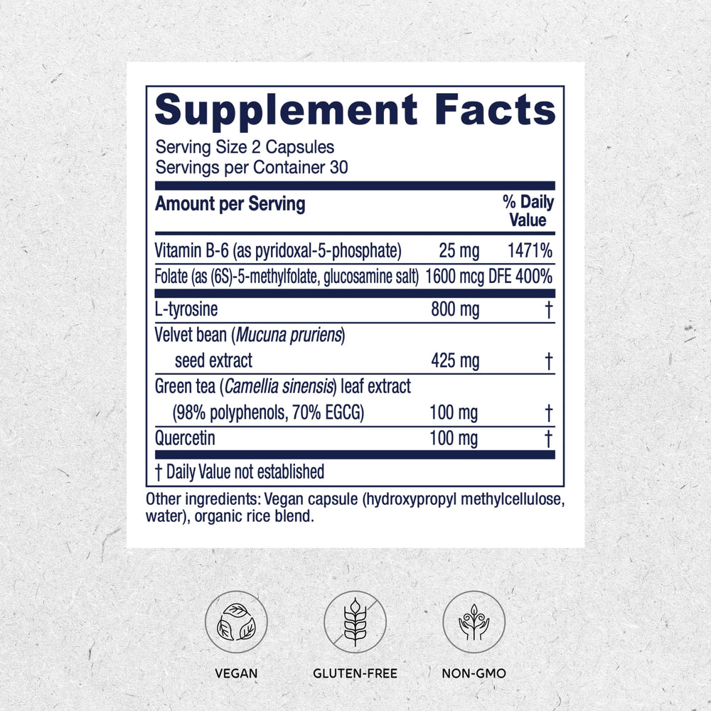 Vitanica Dopamine Assist bottle back shows ingredients and usage guidance.