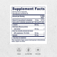 Vitanica Dopamine Assist bottle back shows ingredients and usage guidance.