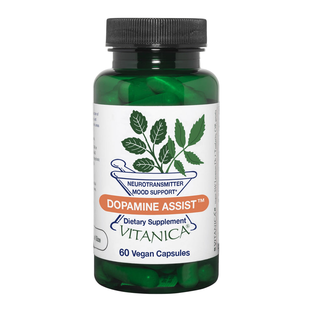 Vitanica Dopamine Assist bottle front label for daily mood support.