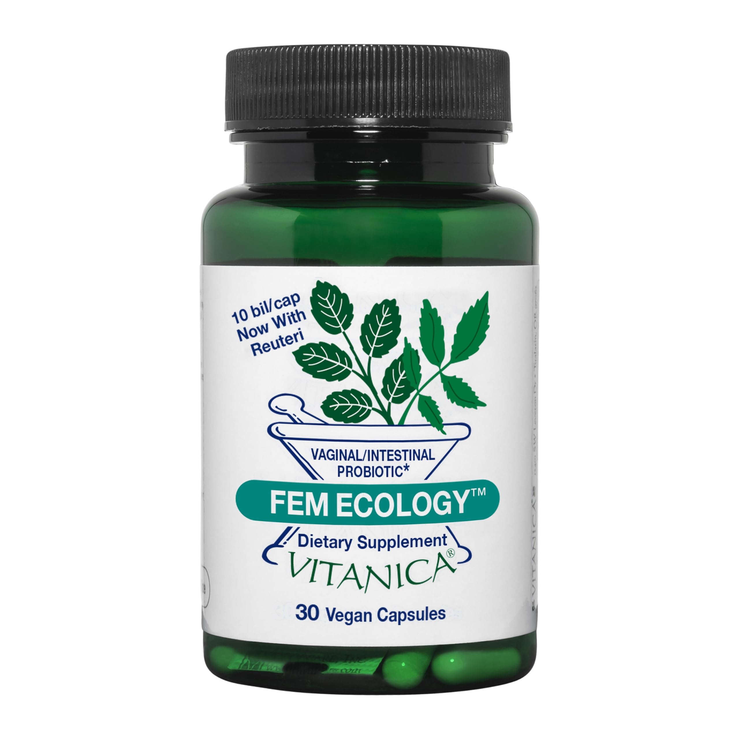 Vitanica FemEcology bottle front may support balanced vaginal and intestinal ecosystems