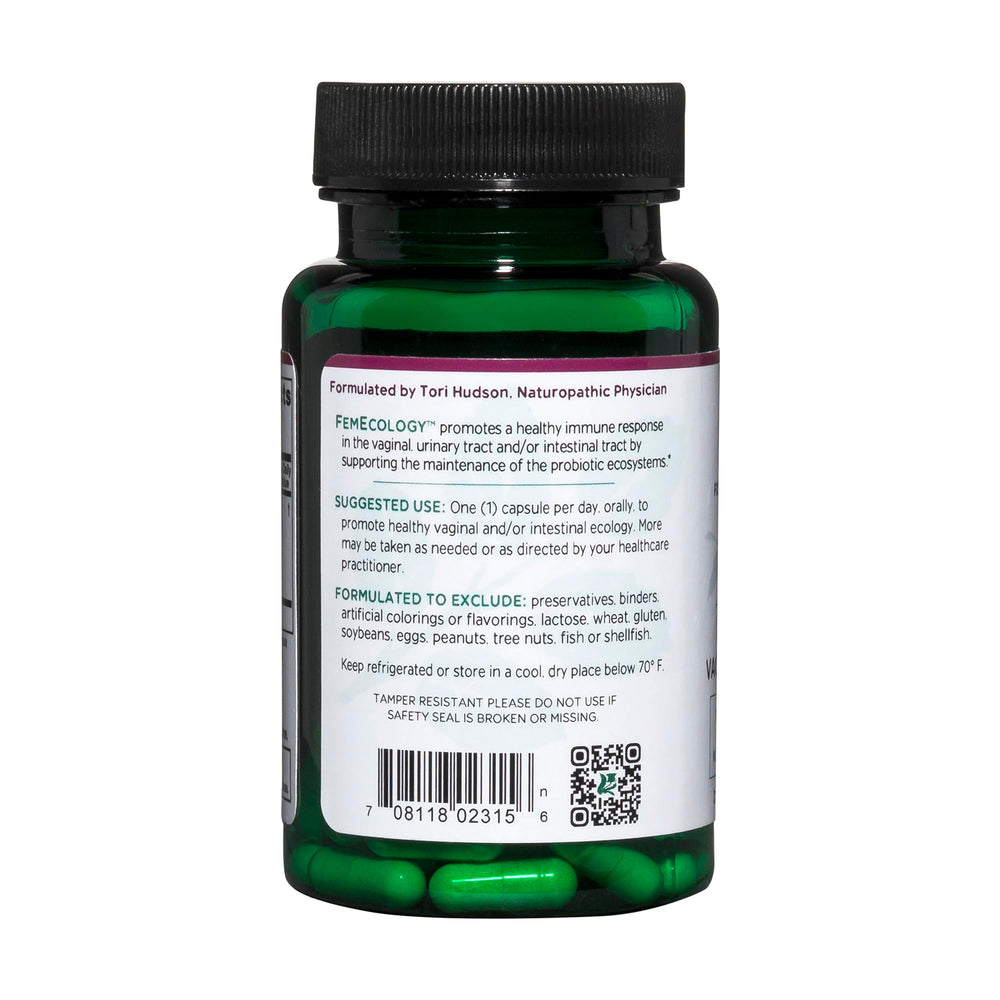 Vitanica FemEcology label packaging highlights vegetarian formula and stabilized strains.