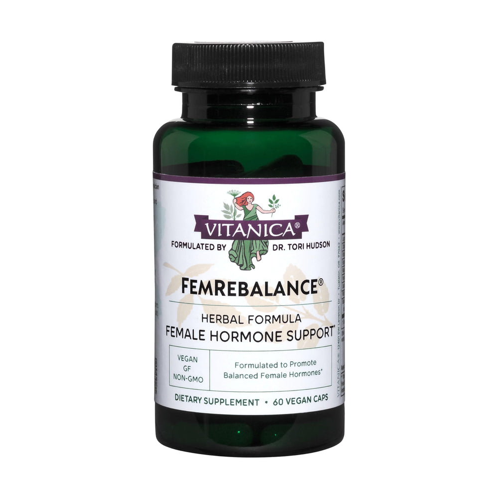 Vitanica FemRebalance bottle with capsules for daily hormone balance.