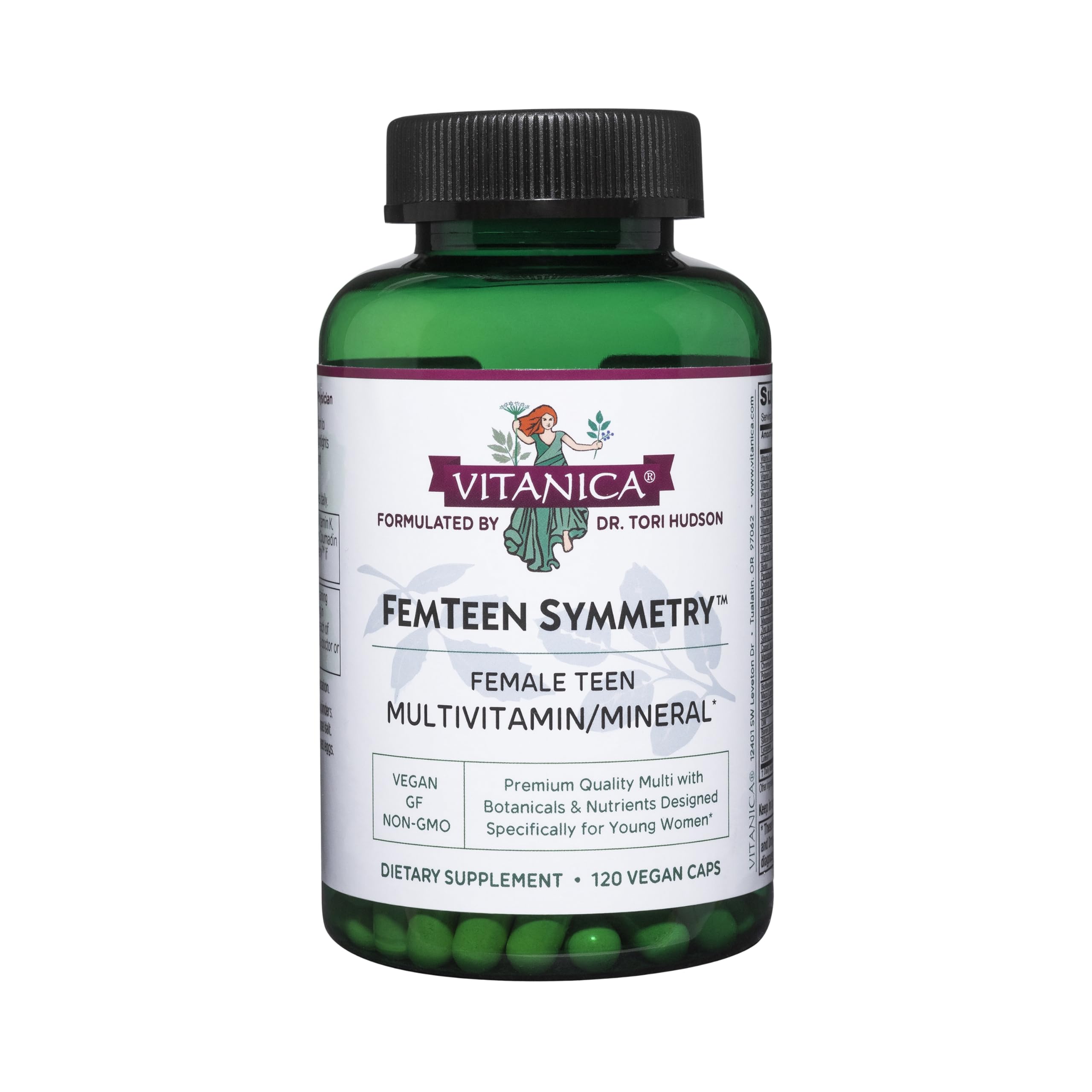 Vitanica FemTeen Symmetry bottle front shows vegan teen vitamins for daily wellness