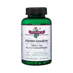 Vitanica FemTeen Symmetry bottle front shows vegan teen vitamins for daily wellness