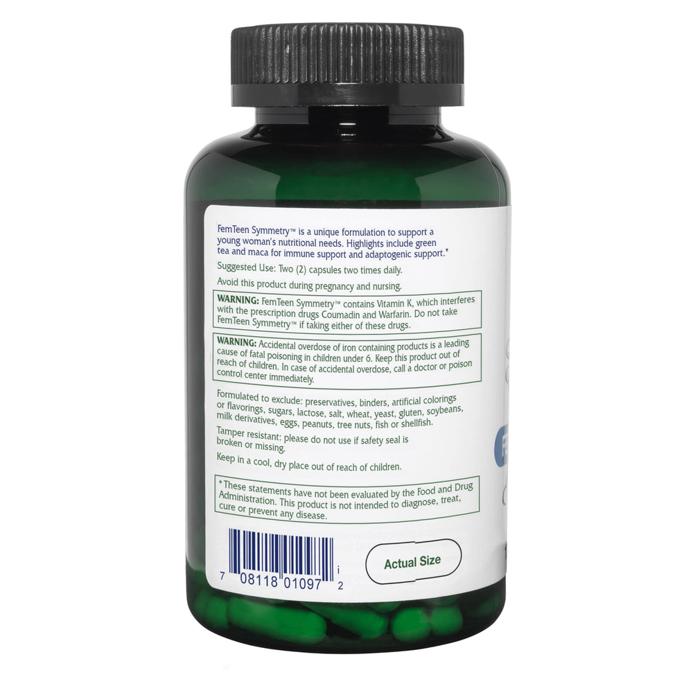 Vitanica FemTeen Symmetry capsules close-up for vegan teen use.
