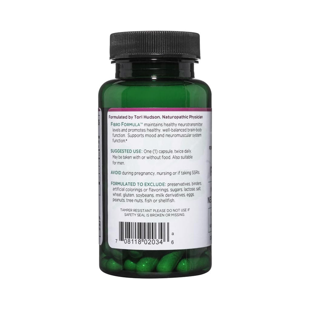 Vitanica Fibro Formula label on bottle highlighting vegan, non-GMO formula.