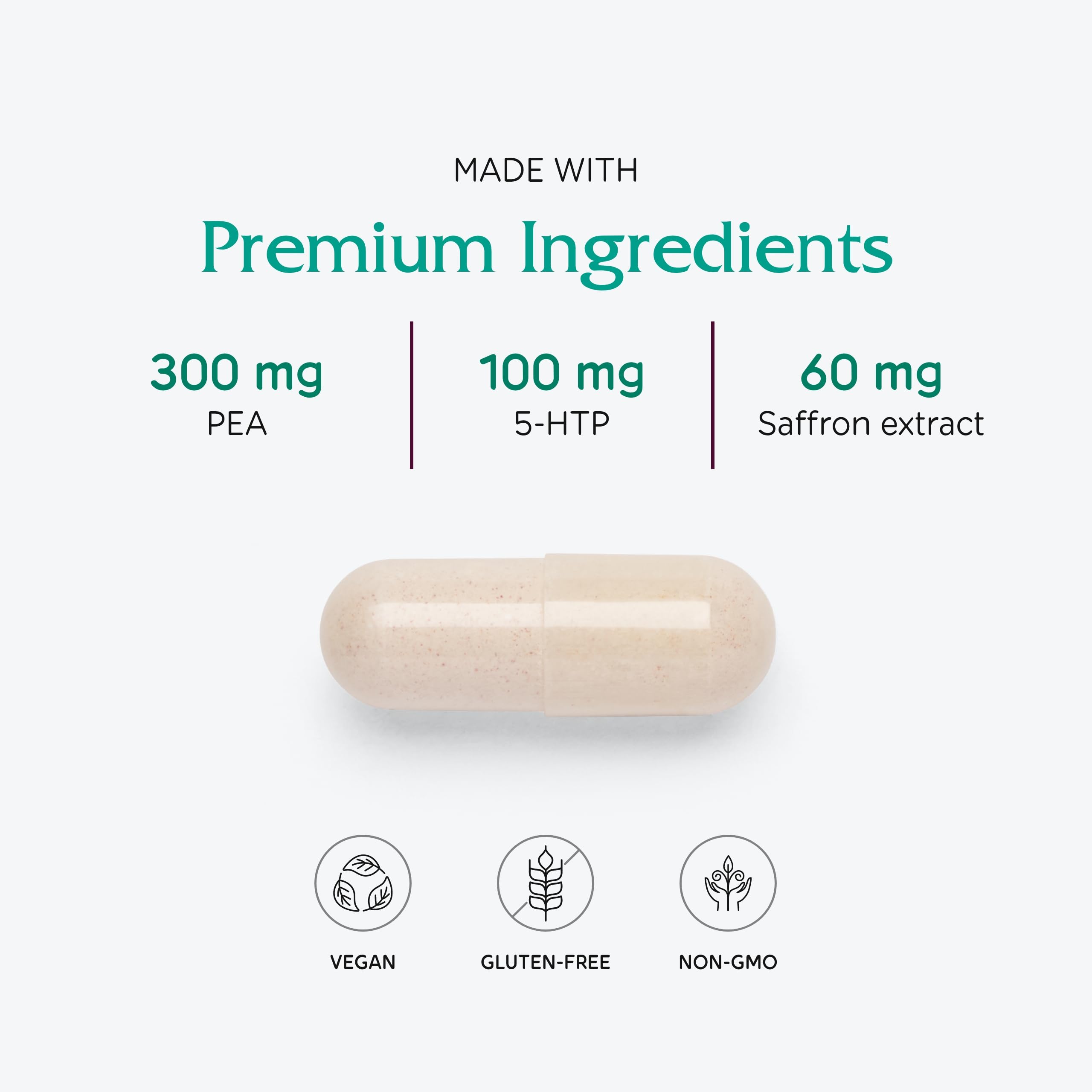 Vitanica Fibro Formula saffron and 5-HTP ingredients for mood support.