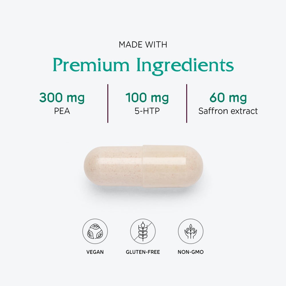 Vitanica Fibro Formula saffron and 5-HTP ingredients for mood support.