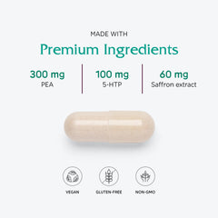 Vitanica Fibro Formula saffron and 5-HTP ingredients for mood support.