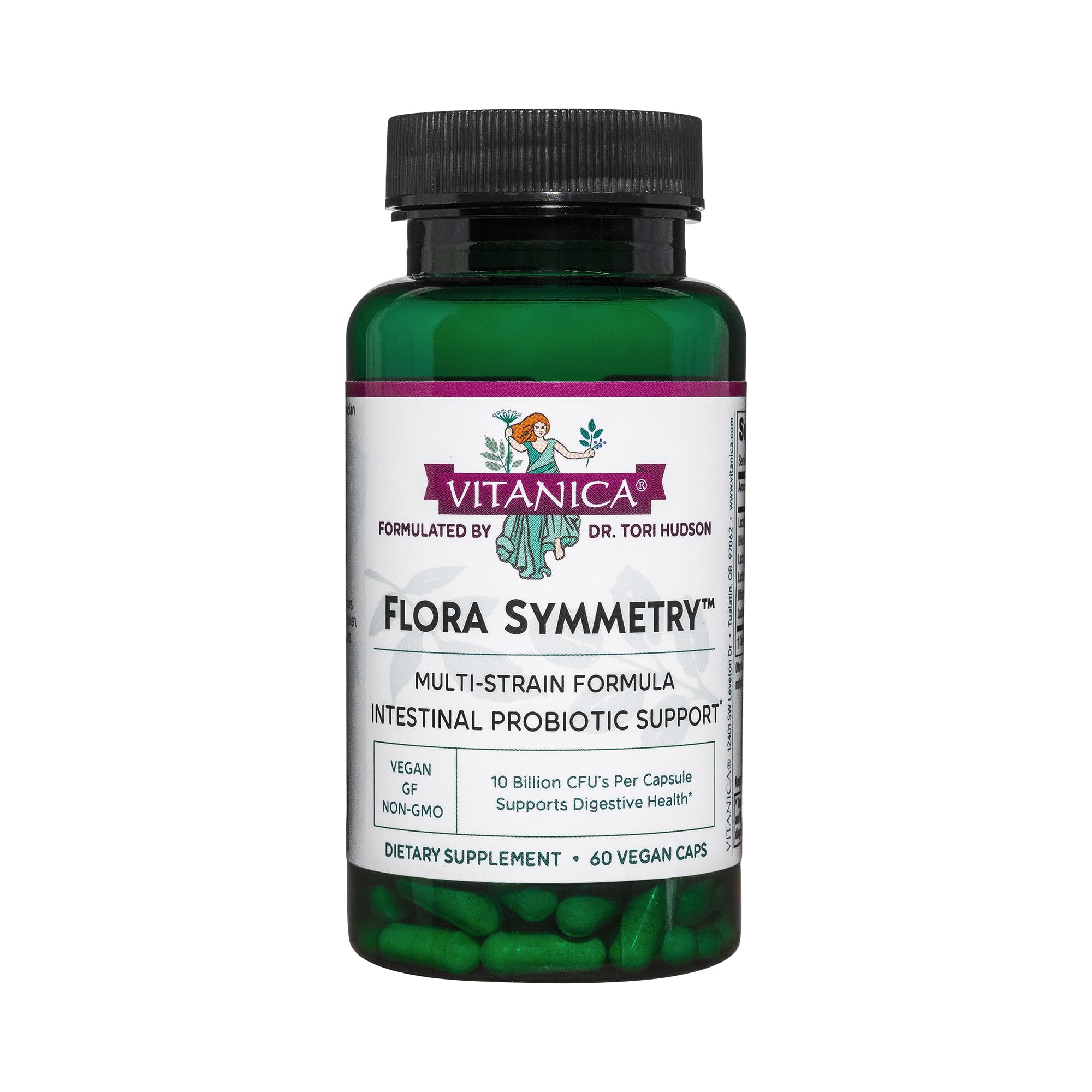 Vitanica Flora Symmetry bottle front view; supports daily gut balance for adults.