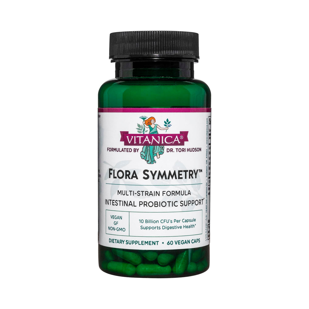 Vitanica Flora Symmetry bottle front view; supports daily gut balance for adults.