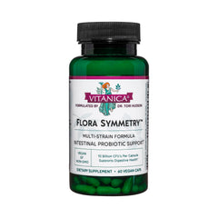 Vitanica Flora Symmetry bottle front view; supports daily gut balance for adults.