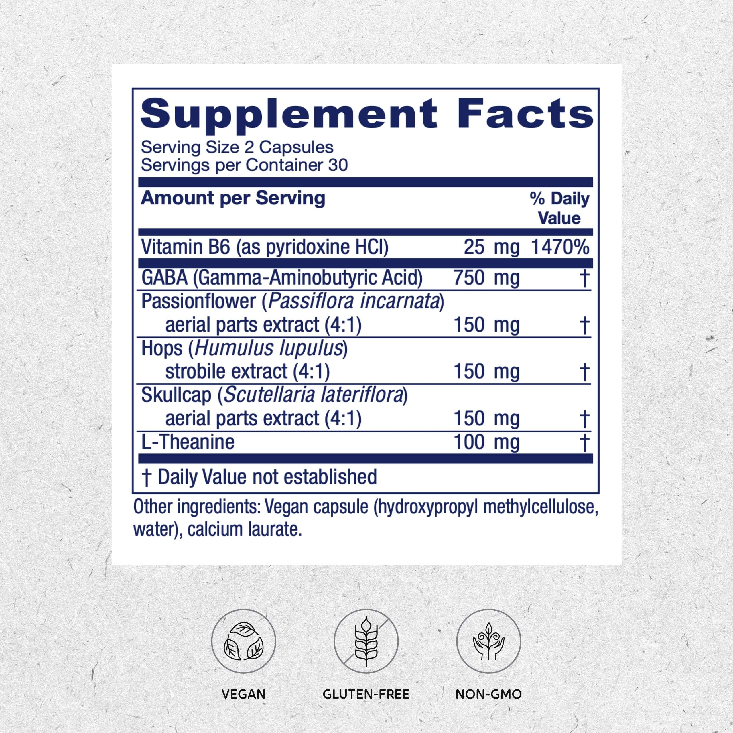Vitanica GABA Ease capsules close-up highlighting vegan formula for nervous tension relief