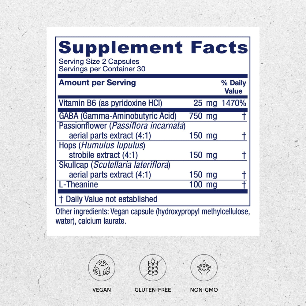 Vitanica GABA Ease capsules close-up highlighting vegan formula for nervous tension relief