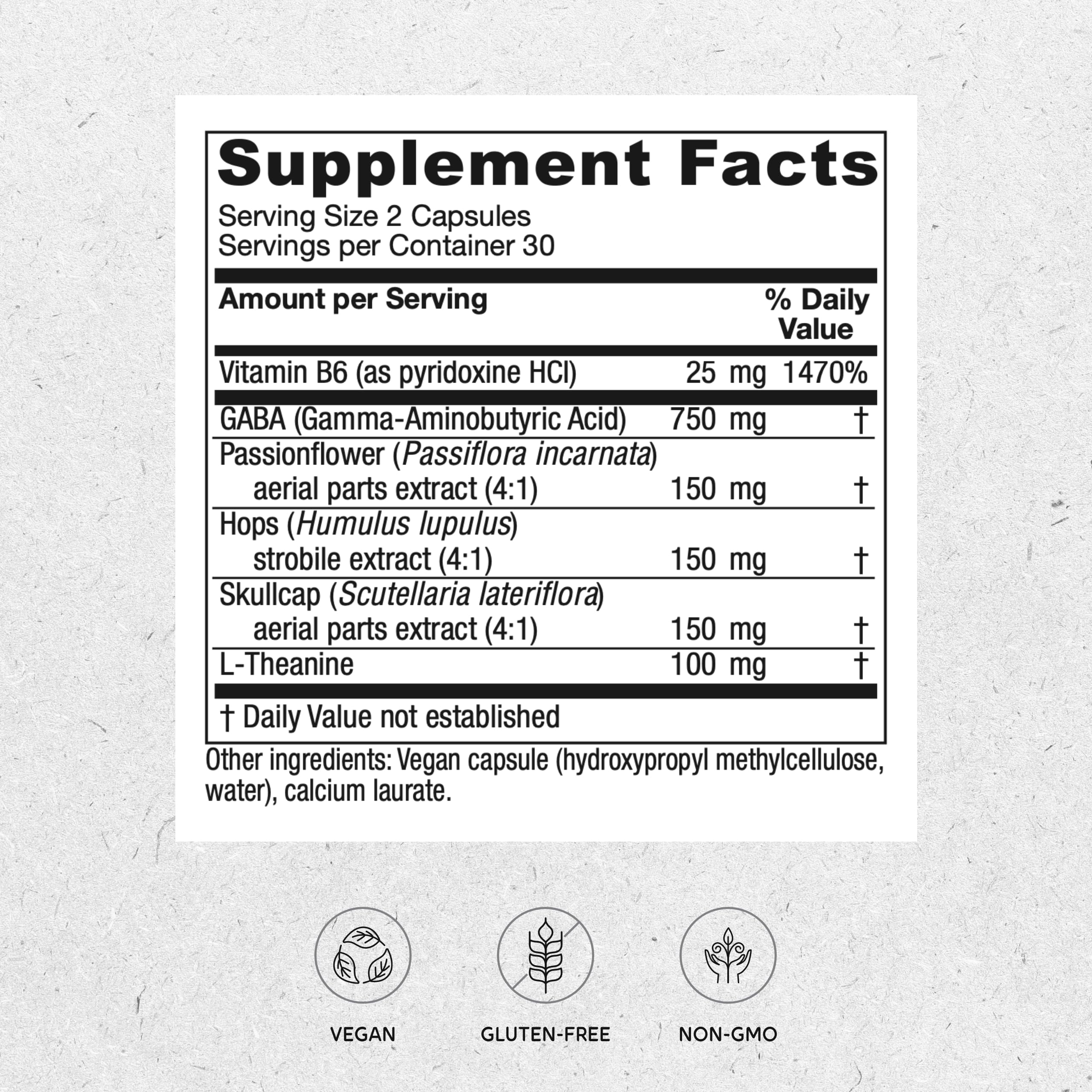 Vitanica GABA Ease label close-up highlighting ingredients.