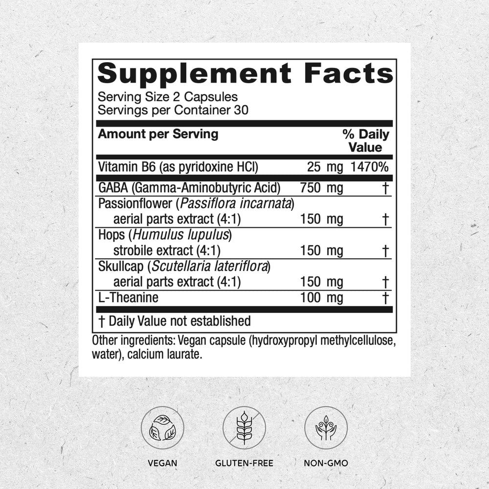Vitanica GABA Ease label close-up highlighting ingredients.