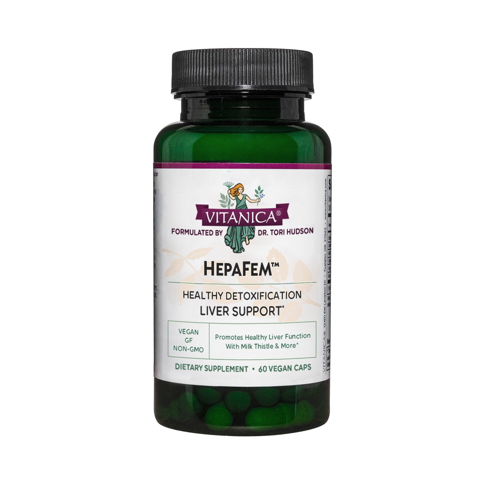 Vitanica Hepafem bottle front view highlights vegan liver support formula.