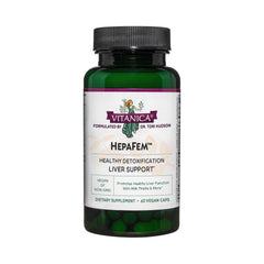 Vitanica Hepafem bottle front view highlights vegan liver support formula.