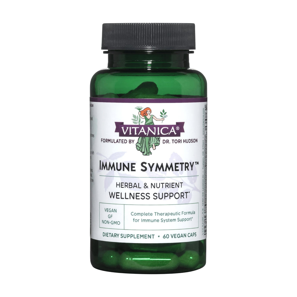 Vitanica Immune Symmetry bottle front showing vegan immune support for daily wellness.