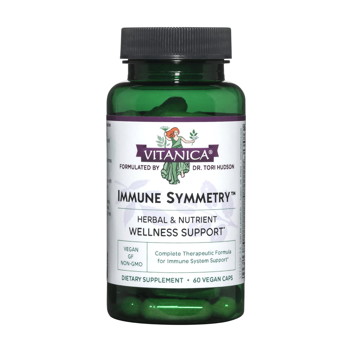 Vitanica Immune Symmetry bottle front showing vegan immune support for daily wellness.