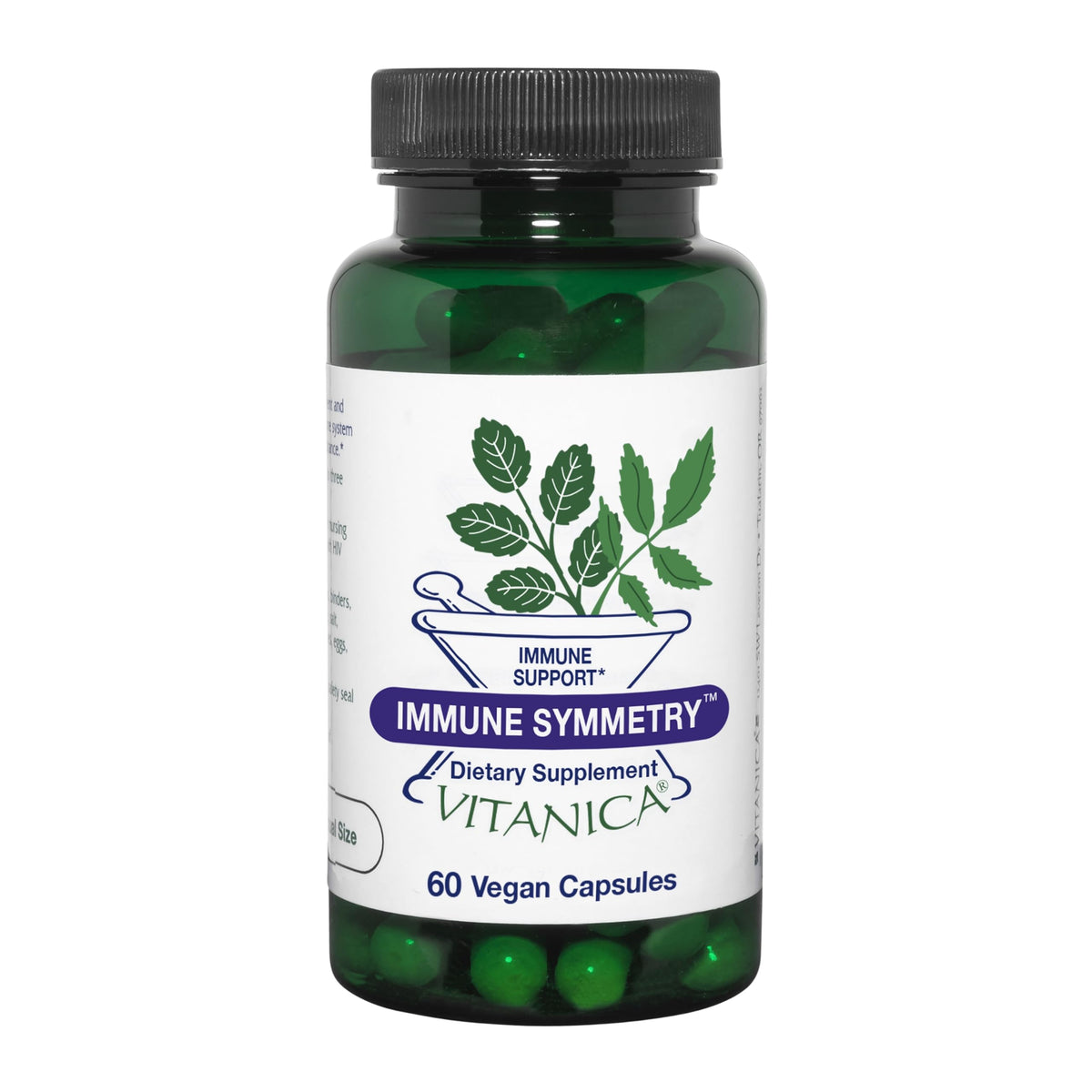 Vitanica Immune Symmetry bottle with capsules for vegan immune support.
