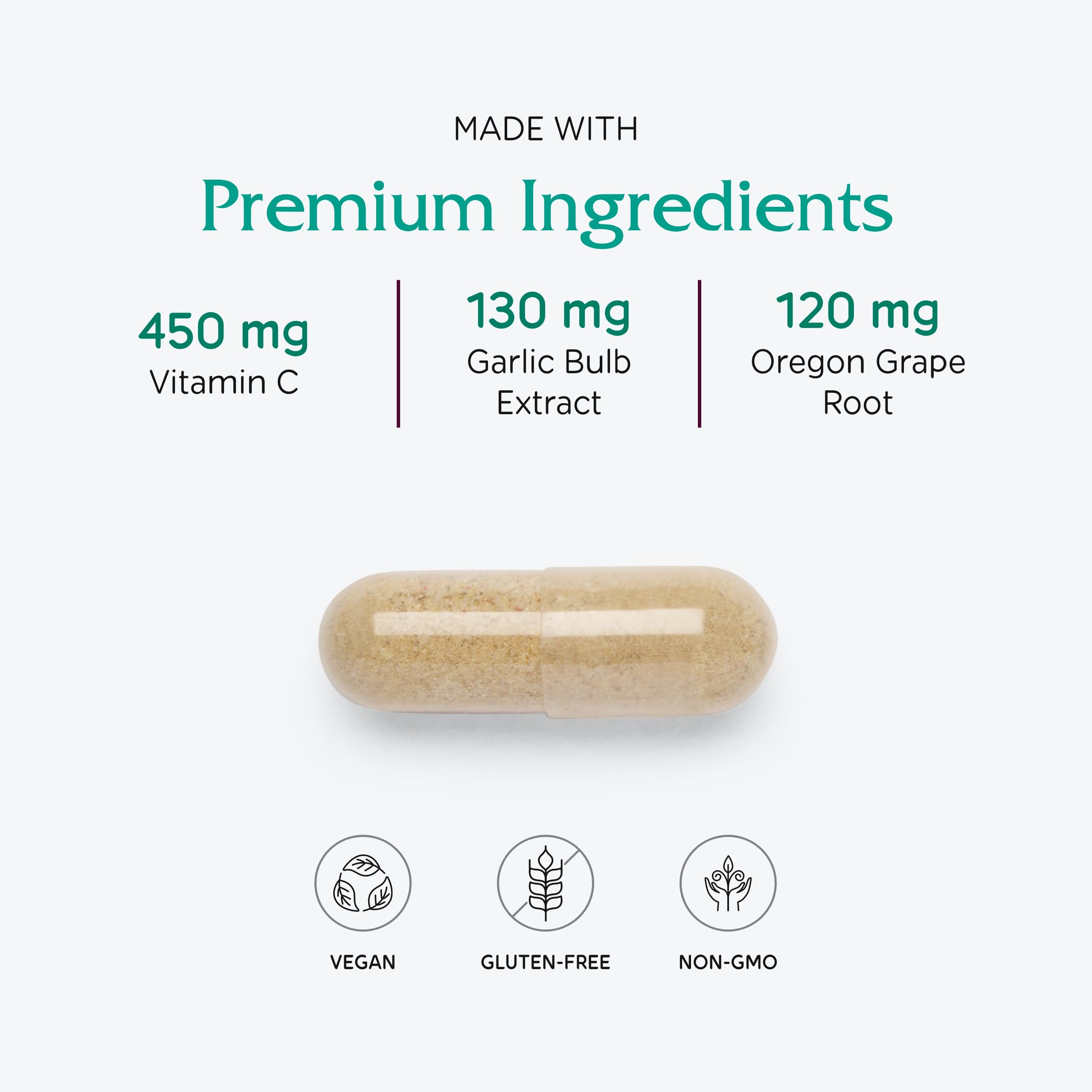 Vitanica Immune Symmetry green tea and garlic imagery highlights botanical support.