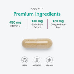 Vitanica Immune Symmetry green tea and garlic imagery highlights botanical support.