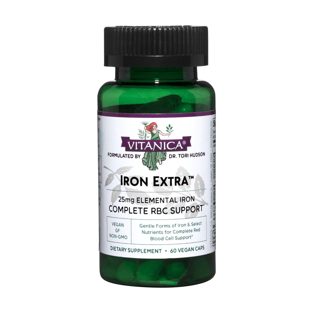 Vitanica Iron Extra bottle front view, showcasing 60 vegan capsules for daily iron support.