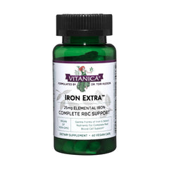 Vitanica Iron Extra bottle front view, showcasing 60 vegan capsules for daily iron support.