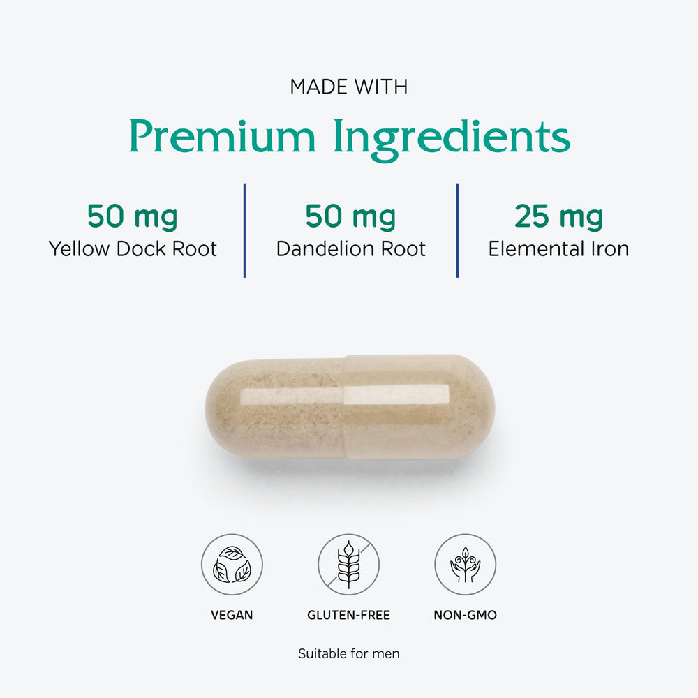 Vitanica Iron Extra capsule close-up, smooth vegan capsules for easy swallowing.