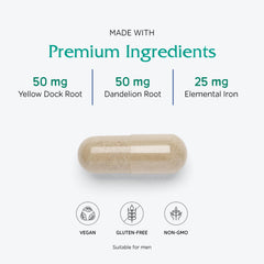 Vitanica Iron Extra capsule close-up, smooth vegan capsules for easy swallowing.