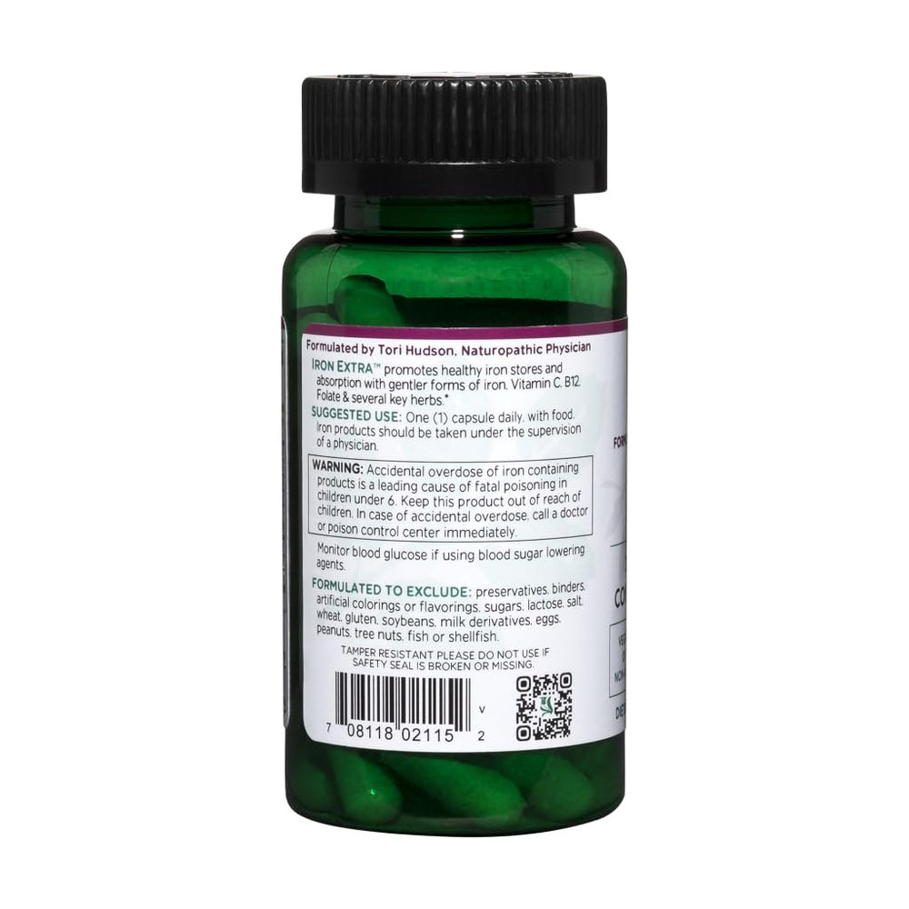 Vitanica Iron Extra bottle label showing Vitamin C 500 mg for enhanced absorption.