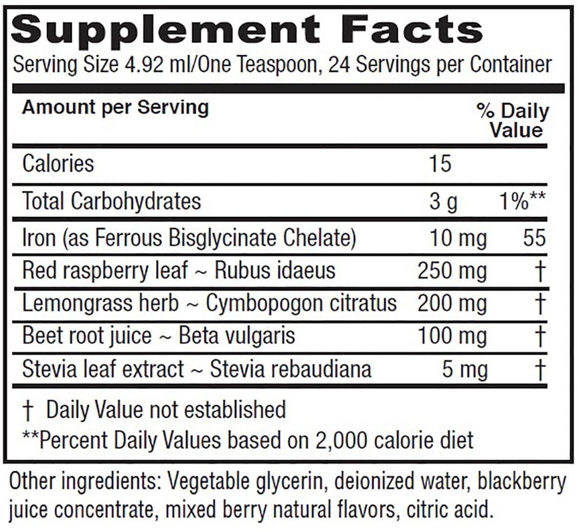 Vitanica Iron Tonic bottle showcases blackberry flavor for easy intake