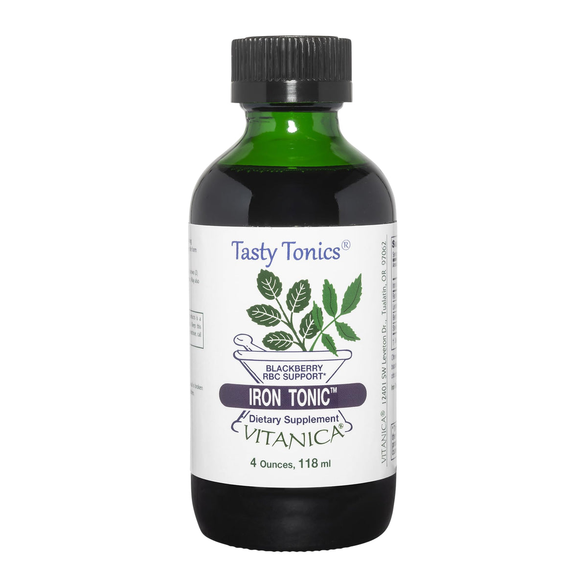 Vitanica Iron Tonic bottle-front highlights vegan formula with blackberry flavor.