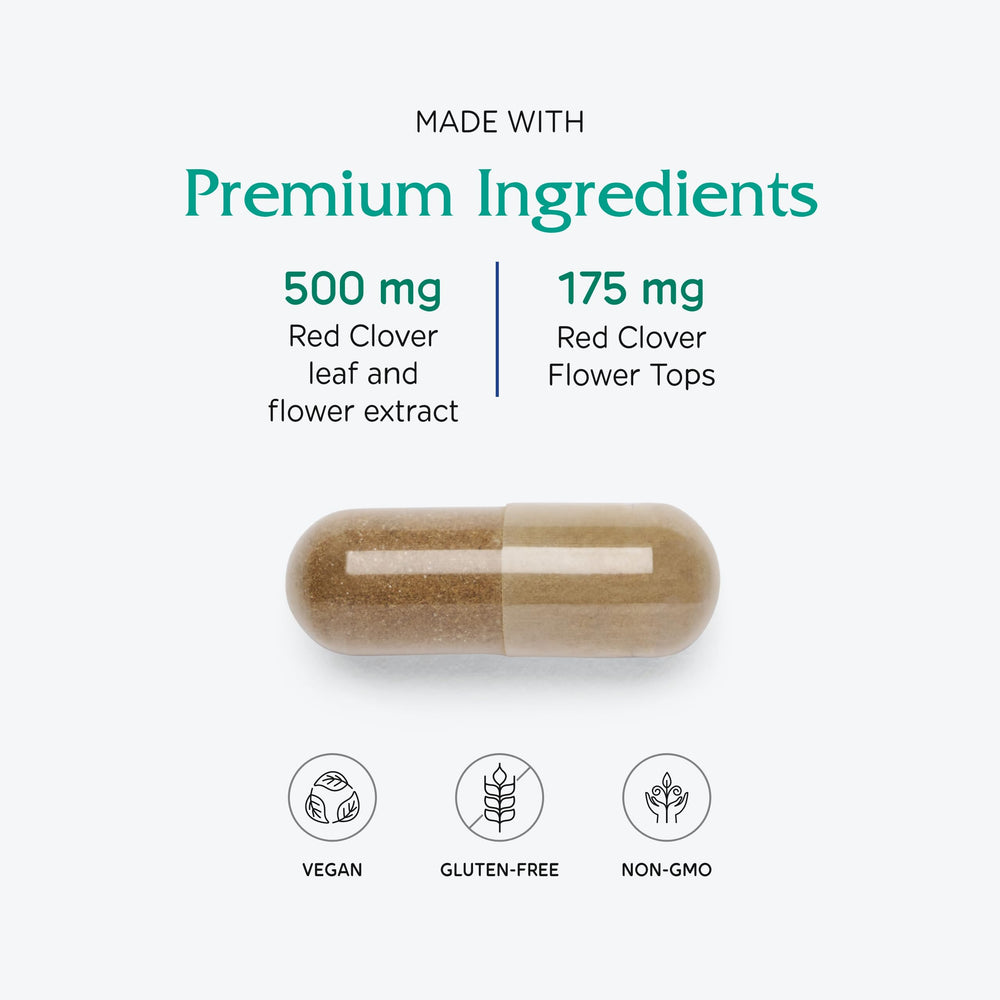 Vitanica Red Clover isoflavones graphic illustrates content for potential menopause support.