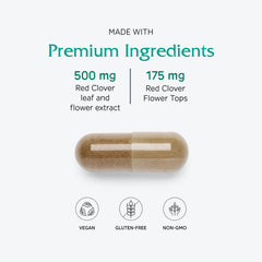 Vitanica Red Clover isoflavones graphic illustrates content for potential menopause support.