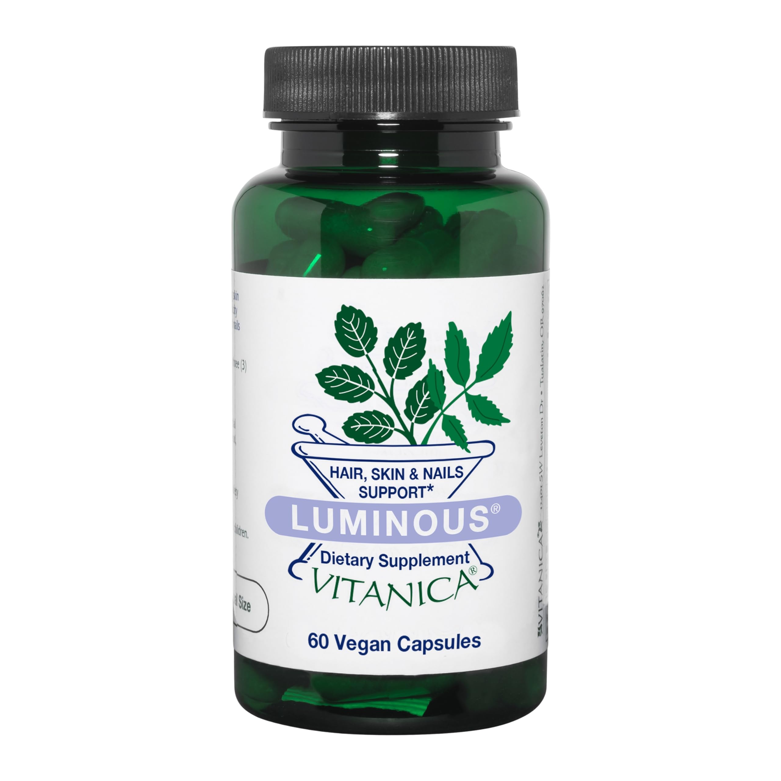 Vitanica Luminous bottle closeup for vegan hair and skin support.