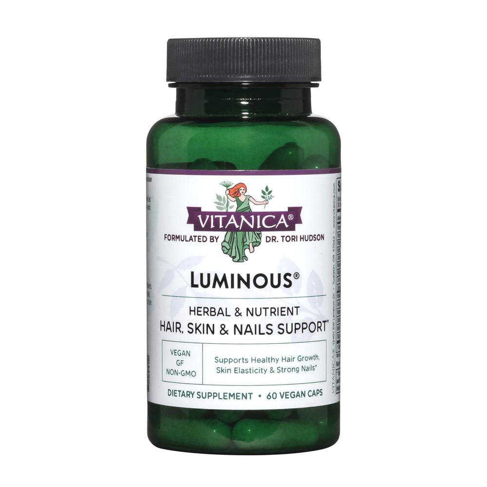 Vitanica Luminous packaging front showing vegan capsules for hair, skin and nails