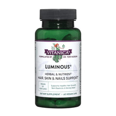 Vitanica Luminous packaging front showing vegan capsules for hair, skin and nails