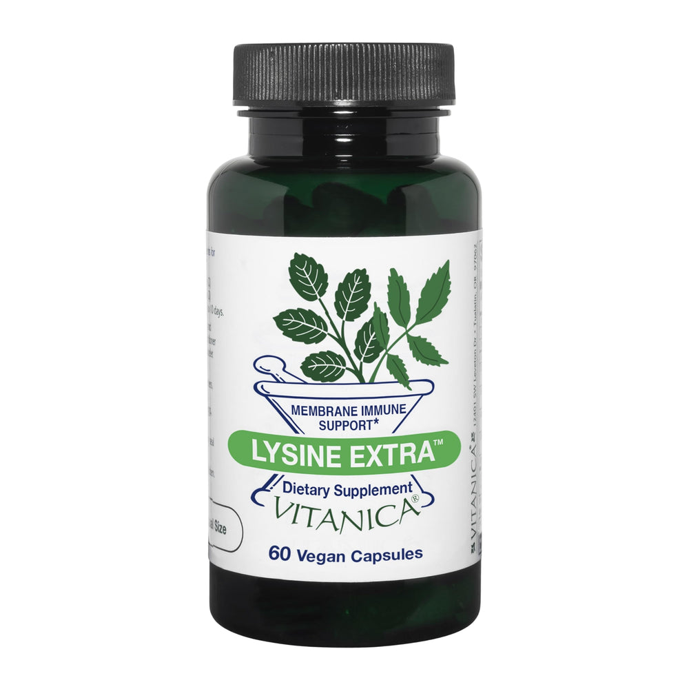 Vitanica Lysine Extra bottle front shows vegan immune support for daily wellness