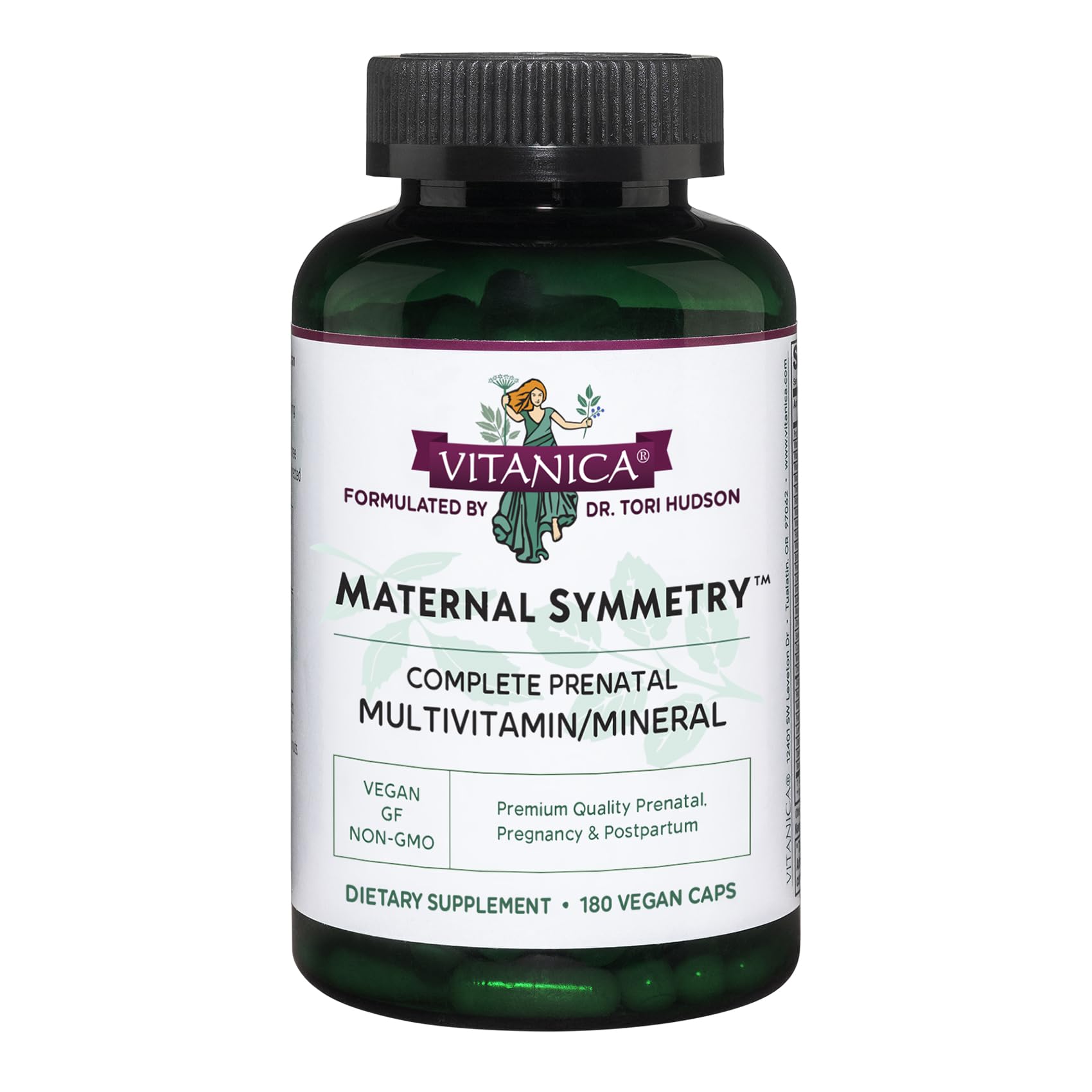 Vitanica Maternal Symmetry bottle front showing vegan prenatal support in capsule form.