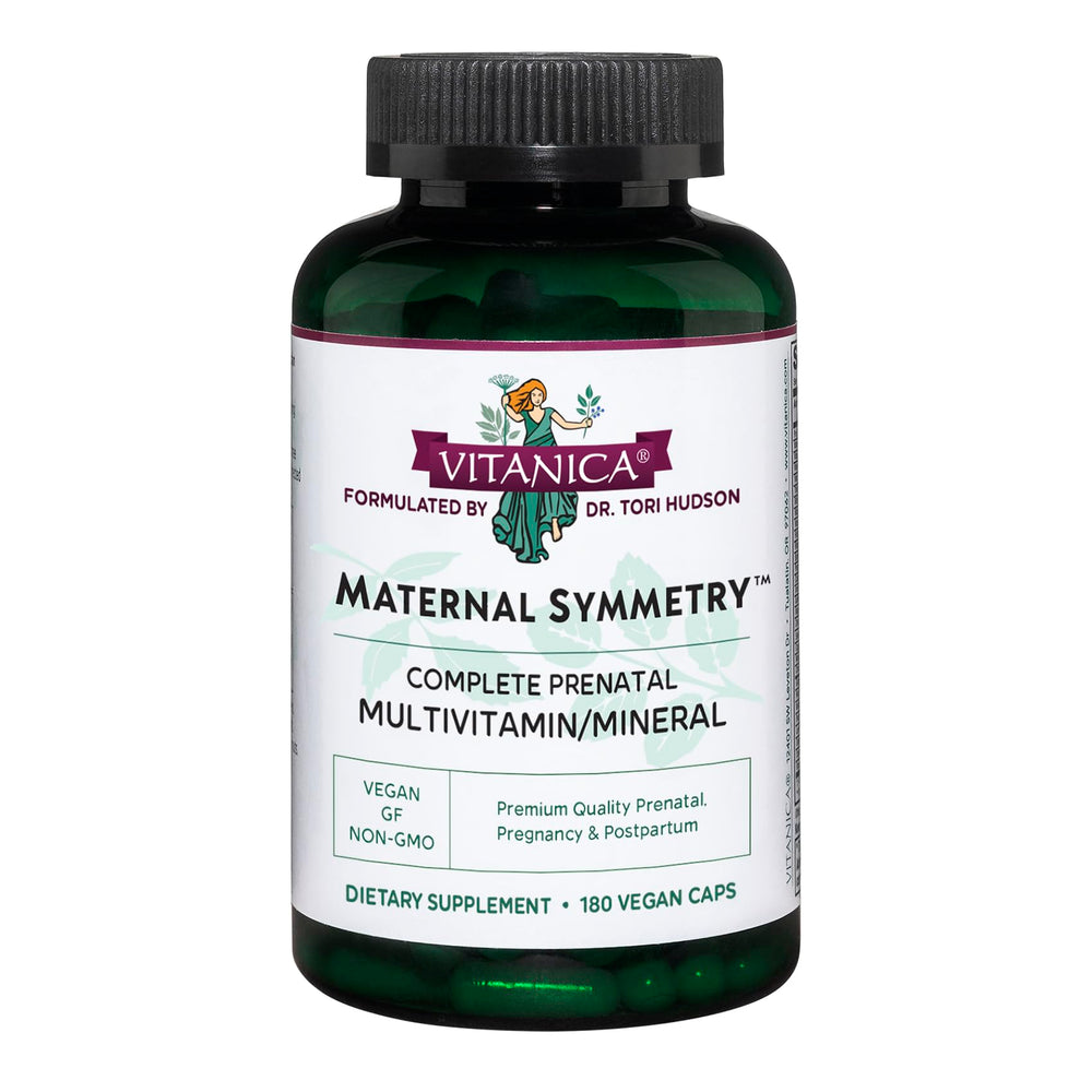 Vitanica Maternal Symmetry bottle front showing vegan prenatal support in capsule form.