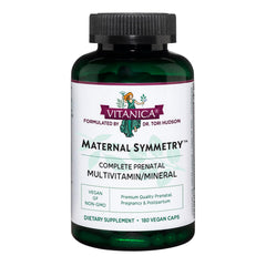 Vitanica Maternal Symmetry bottle front showing vegan prenatal support in capsule form.