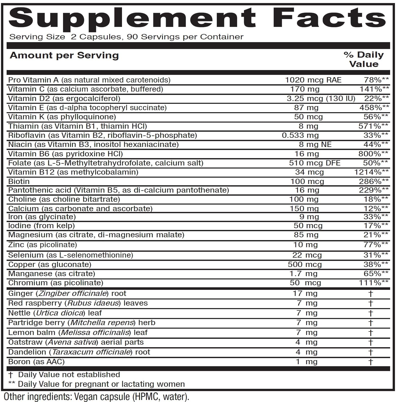 Vitanica Maternal Symmetry bottle side highlighting high potency multivitamin for pregnancy.