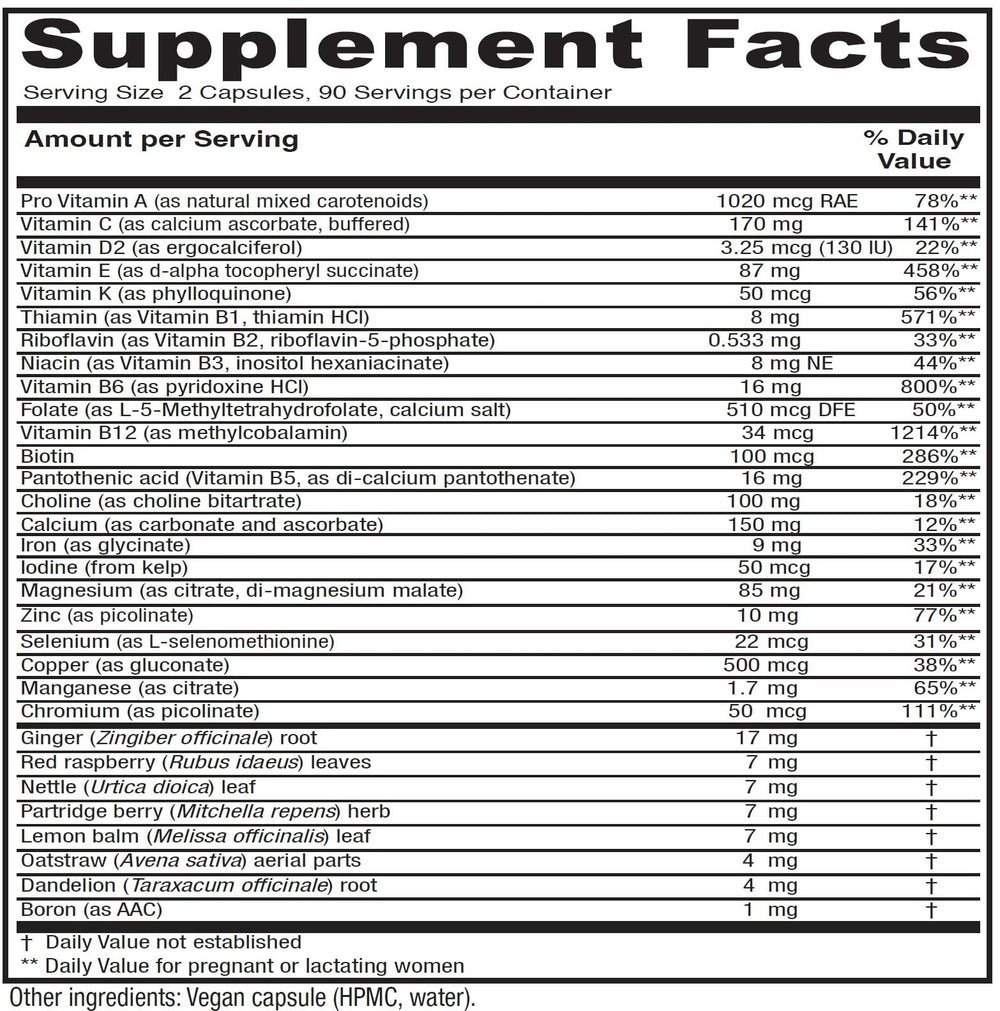 Vitanica Maternal Symmetry bottle side highlighting high potency multivitamin for pregnancy.