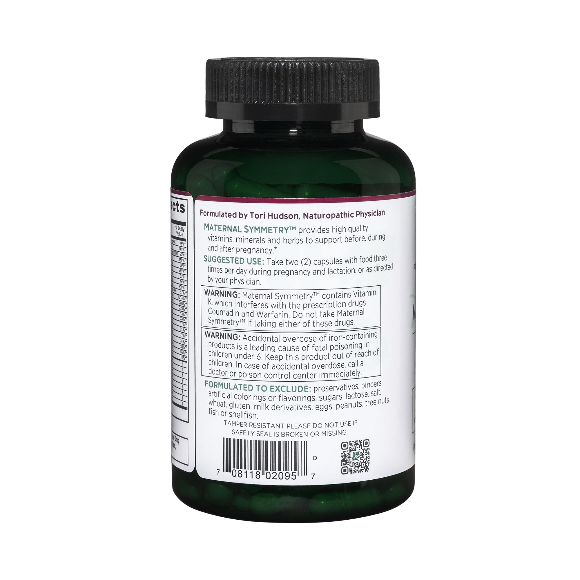 Vitanica Maternal Symmetry capsules closeup with hypoallergenic preservative-free formula.