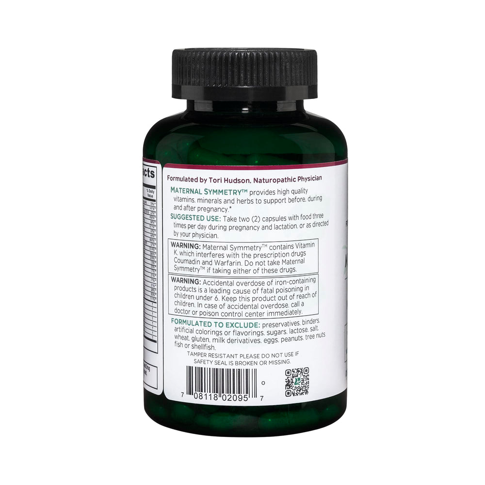 Vitanica Maternal Symmetry capsules closeup with hypoallergenic preservative-free formula.