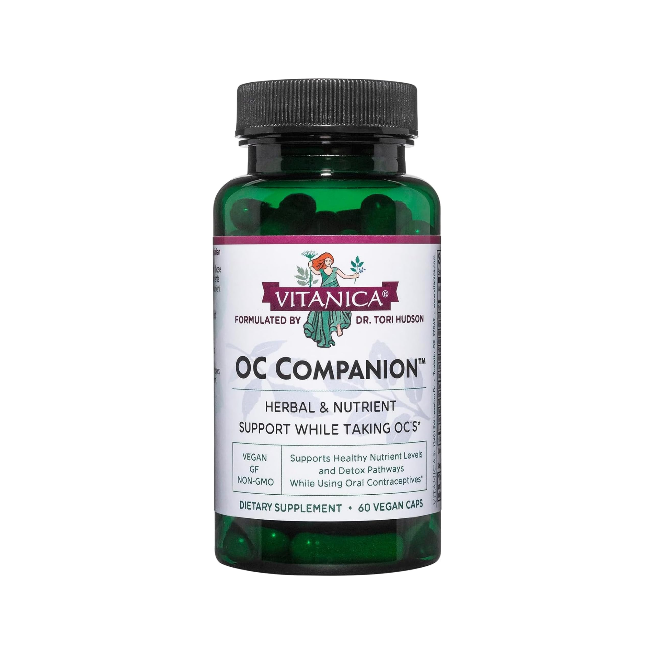 Vitanica OC Companion bottle front shows vegan, non-GMO support for contraceptive ideas.